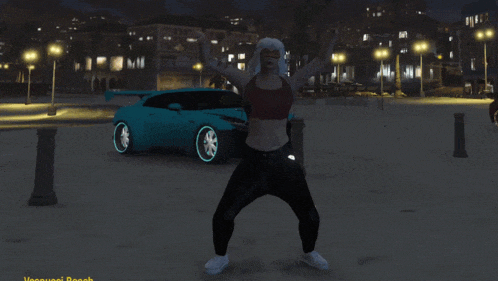 a video game screen shows a woman dancing in front of a blue car that says unanswerable