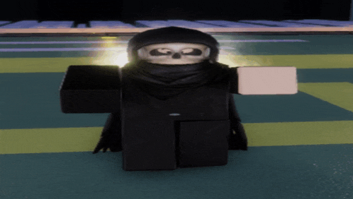 a cartoon character with a skull on his head is standing on a green and yellow floor