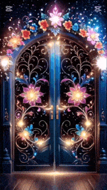 a door with flowers and lights on it and the letter x on the bottom right