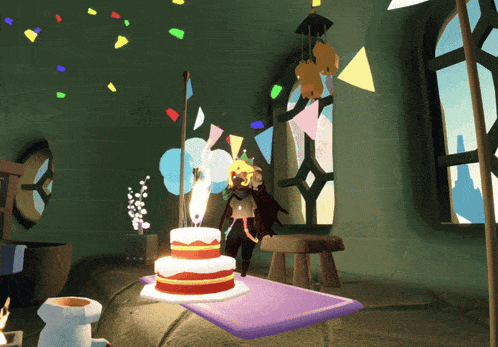 a cartoon character stands in front of a cake