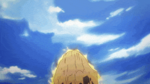 a cartoon drawing of a mountain with a blue sky and clouds behind it