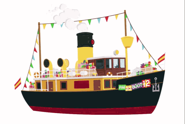 a cartoon drawing of a boat that says pakjes boot 12