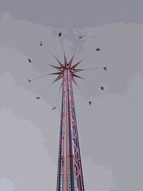 a ferris wheel with a star shaped top is lit up with purple lights