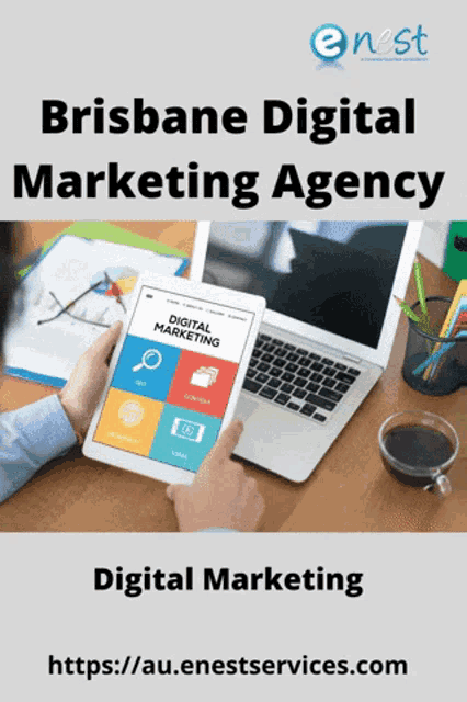 a person is holding a tablet that says digital marketing on it