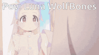 a cartoon of a girl standing next to a man with the words pov luna wolfbones above her