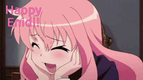 a girl with pink hair is smiling with the words happy enid written above her