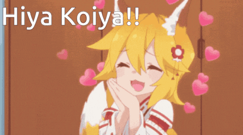 a cartoon girl with horns is surrounded by pink hearts and the words " hiya koiya !! "