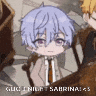 a boy with purple hair is sitting in a chair and says `` good night sabrina ! < 3 '' .