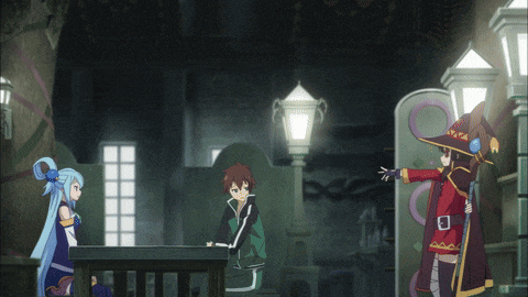 a group of anime characters are standing around a table with the words are you just here to poke fun at us