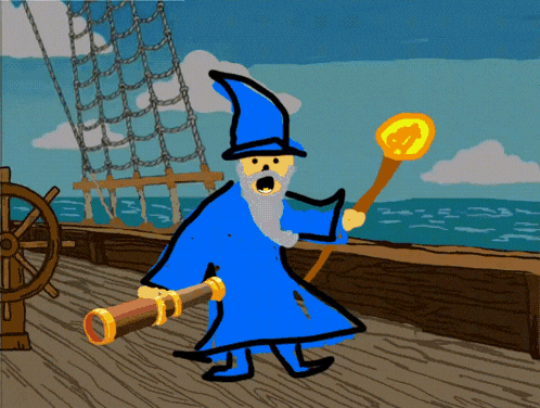 a cartoon of a wizard holding a telescope and a wand