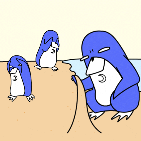 three blue penguins are standing on a sandy beach near the water