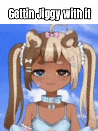 a picture of a girl with pigtails and the words `` gettin jiggy with it '' on it .
