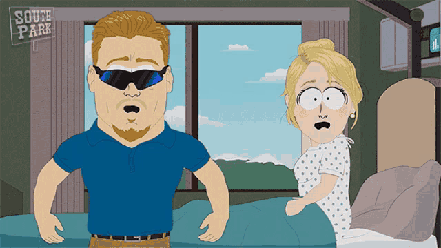 a cartoon of a man and a woman with a sign that says south park on it