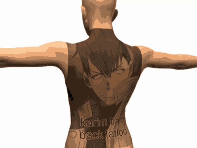 a man has a tattoo on his back that says " karim flam back tattoo "