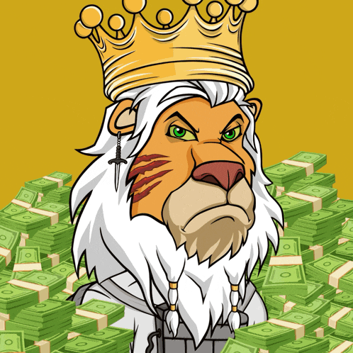 a cartoon lion wearing a crown stands in front of stacks of money