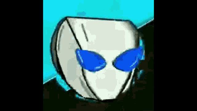 a drawing of a white alien with blue eyes