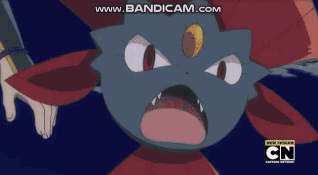 a cartoon character from cn is being held by someone 's hand