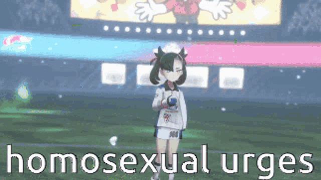 a video game character is standing on a field with the words homosexual urges written below her .