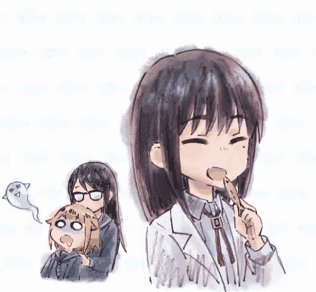 a drawing of a girl with a ghost and hearts behind her