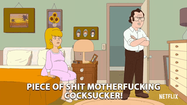 a cartoon of a woman sitting on a bed with the words piece of shit motherfucking cocksucker