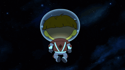 a cartoon character in a space suit with the letter v on the back of his jacket