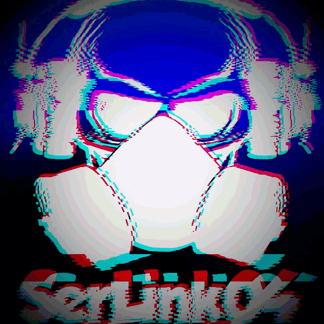 a skull wearing headphones and a gas mask with the words serlinks written below it