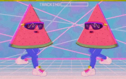two watermelon slices wearing sunglasses are dancing together