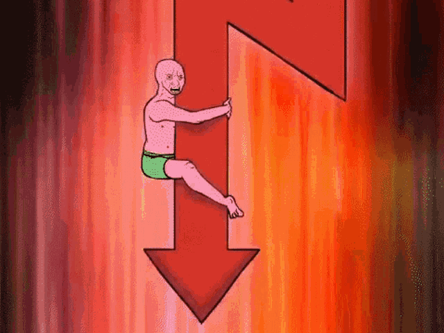 a cartoon of a man sitting on a red arrow pointing down .