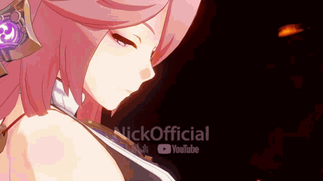 a close up of a pink haired anime girl with the words nick official youtube behind her