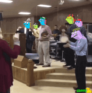 a group of people standing in a room with creepy written on the bottom left