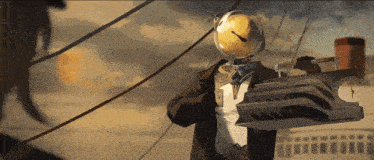a man with a globe on his head is holding a clock in his hand