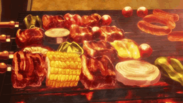 a bunch of food is cooking on a grill including corn