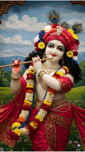 a painting of a krishna playing a flute with a peacock feather on his head