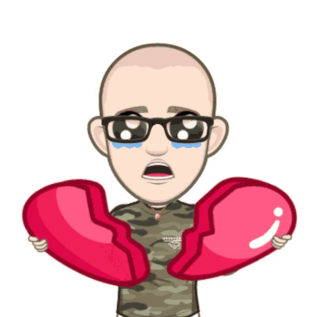 a cartoon of a man wearing a camo shirt and sunglasses holds a broken heart
