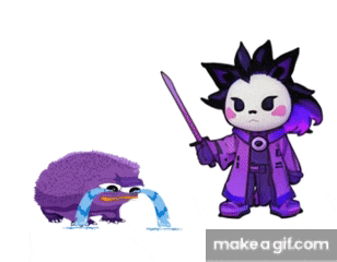 a cartoon character is holding a sword next to a purple frog that is crying