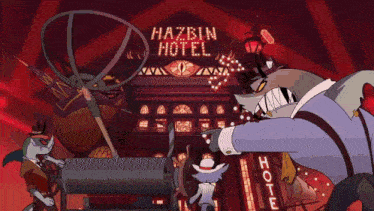 a group of cartoon characters are standing in front of a building that says hazbin hotel