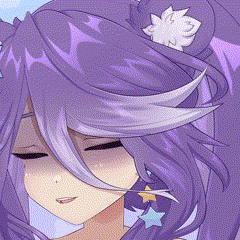 a close up of a purple haired anime character with a flower in her hair