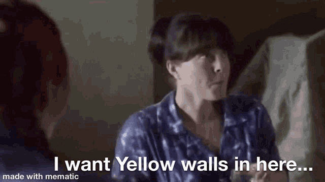 a woman is talking to another woman and saying `` i want yellow walls in here ... made with mematic '' .