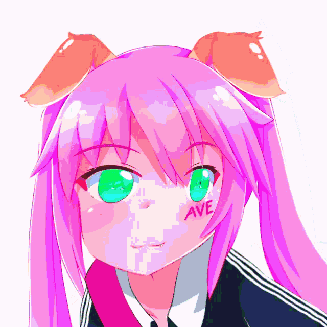a girl with pink hair and green eyes has the word ave written on her face