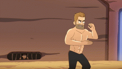 a shirtless cartoon man with a beard is standing in front of a cave .