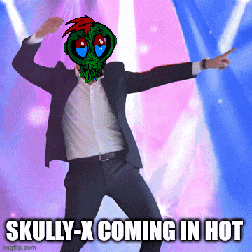 a man in a suit is dancing with skully-x coming in hot written under him