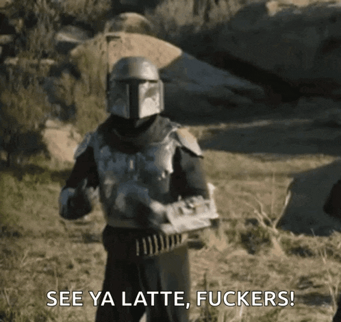 a man in armor is standing in a field and saying see ya latte fuckers