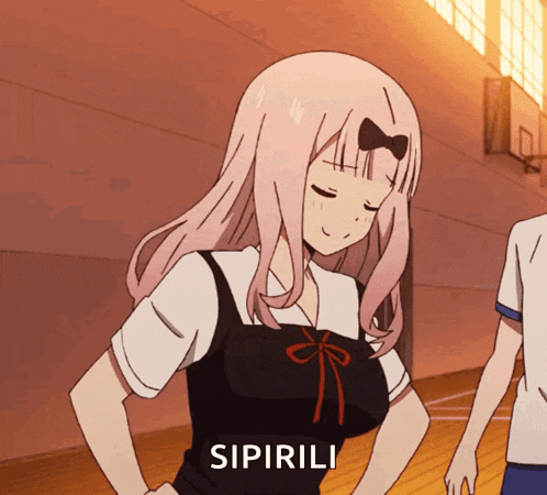 a girl with pink hair says " sipirili " in front of a man