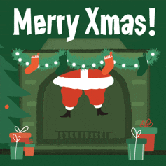 a merry xmas greeting card with santa hanging upside down from a fireplace