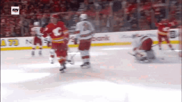 a hockey game is being played in front of a banner that says sn