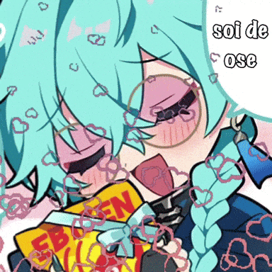 a cartoon of a girl with blue hair holding a book with the word fb on it