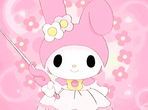 a pink bunny with a flower on her head holds a wand