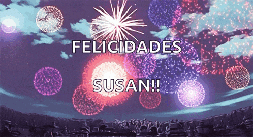 a fireworks display with the words felicidades susan in white