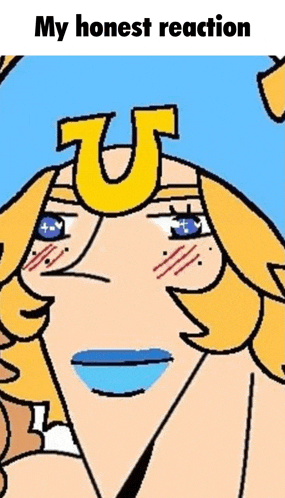 a cartoon of a woman with a yellow letter u on her head .