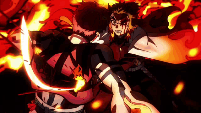 two anime characters are fighting each other in a fire scene